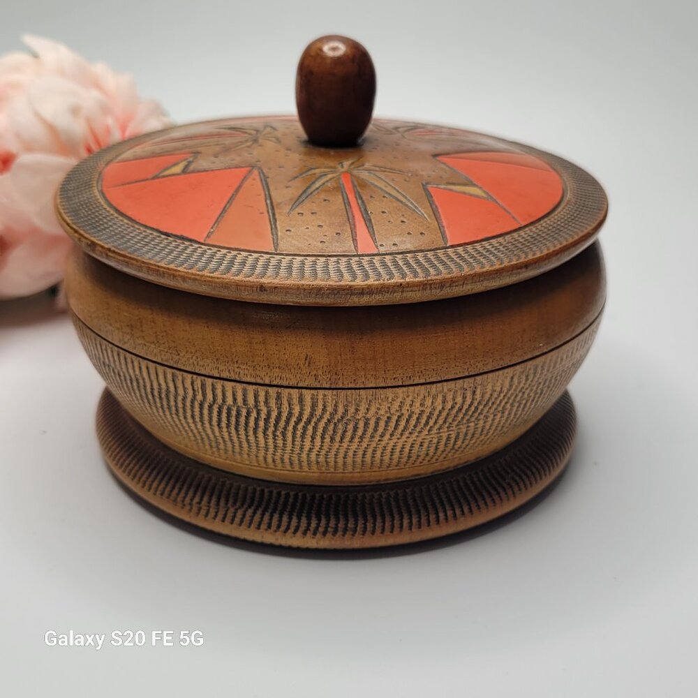 Vintage Round Wooden Decorative Japanese Trinket Box Made in Japan